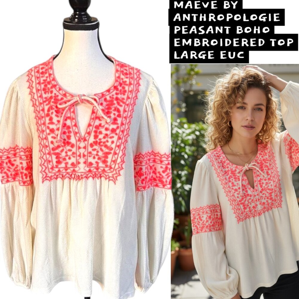 MAEVE‎ BY ANTHROPOLOGIE PEASANT BOHO EMBROIDERED LONG SLEEVE BLOUSE LARGE EUC